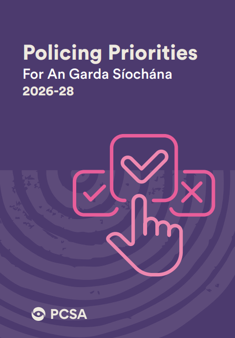 A screenshot of the purple cover of a publication entitled Policing Priorities for An Garda Síochána 2026 to 2028