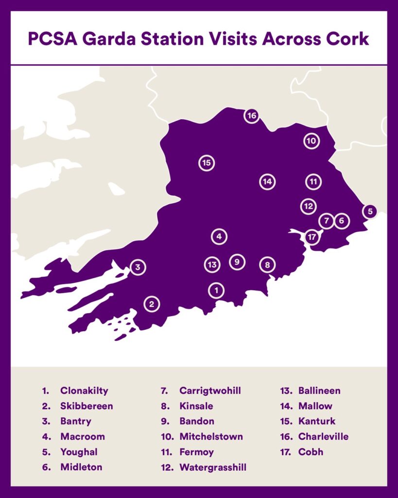 A map showing the garda stations visited by the PCSA across Cork. The county of Cork stands out in purple with the other counties in beige.