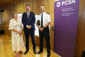 PCSA Chair Elaine Byrne, Minister for Justice, Home Affairs and Migration Jim O’Callaghan, and Garda Commissioner Justin Kelly at the Wood Quay Venue. Pic: Julien Behal.
